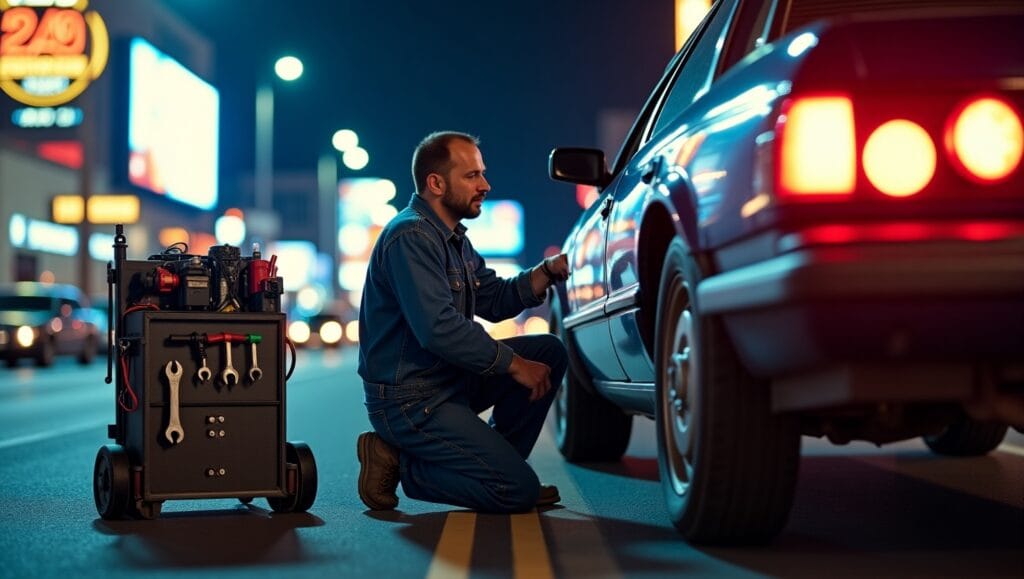 24/7 mobile mechanic in Las Vegas performing emergency car repair at night.