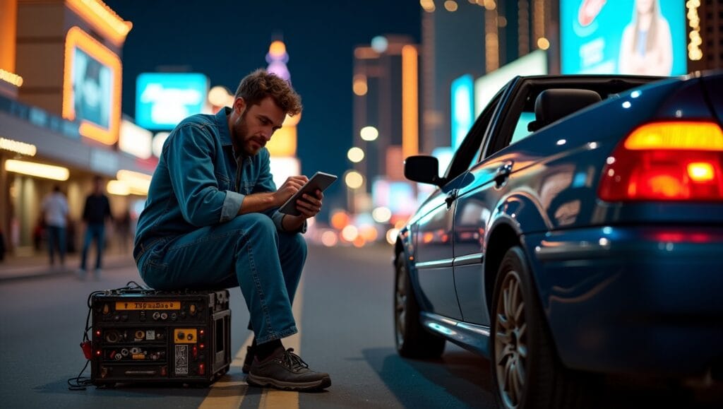 Mobile auto repair technician helping stranded driver on Las Vegas roadside.