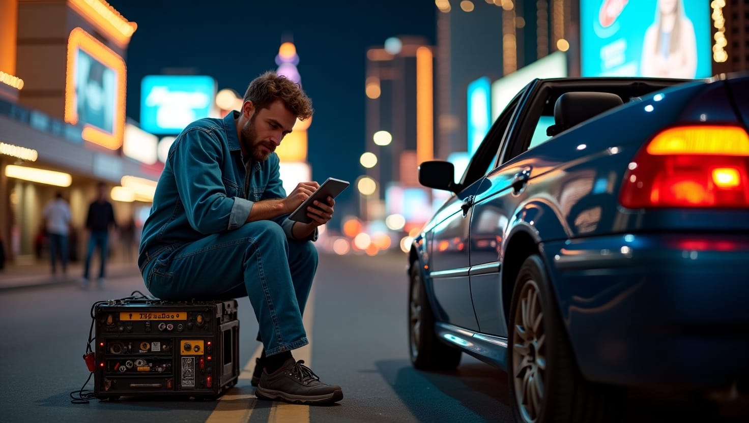 Mobile auto repair technician helping stranded driver on Las Vegas roadside.