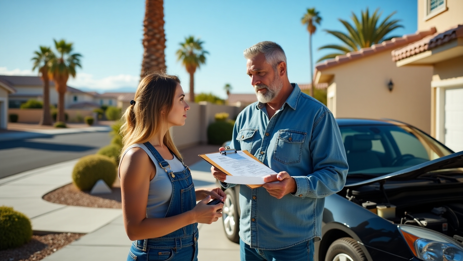 Mobile mechanic in Las Vegas explaining repair estimate to car owner.